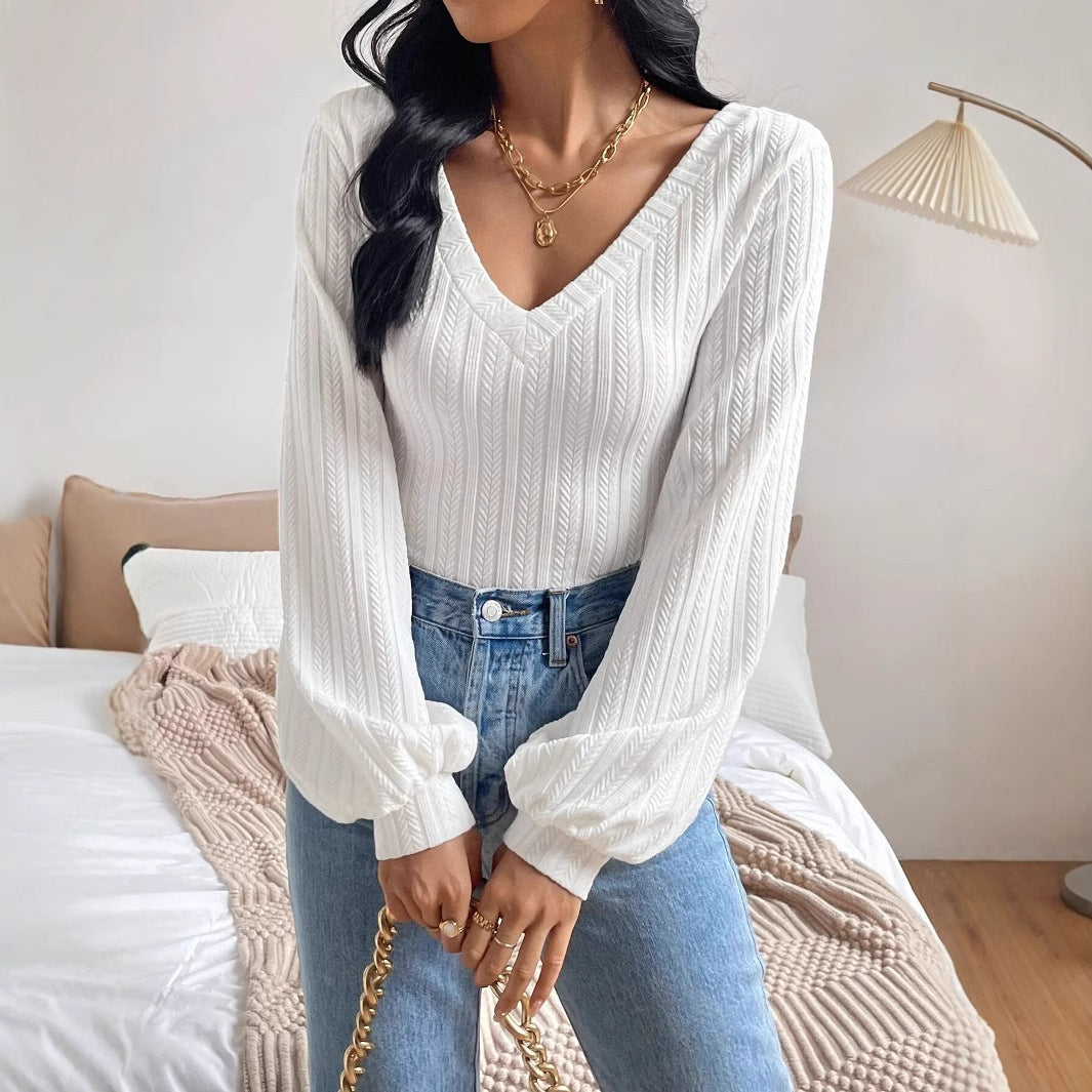 Women's Spring And Autumn Solid Color Bishop Sleeve V-neck Long Sleeve T-shirt