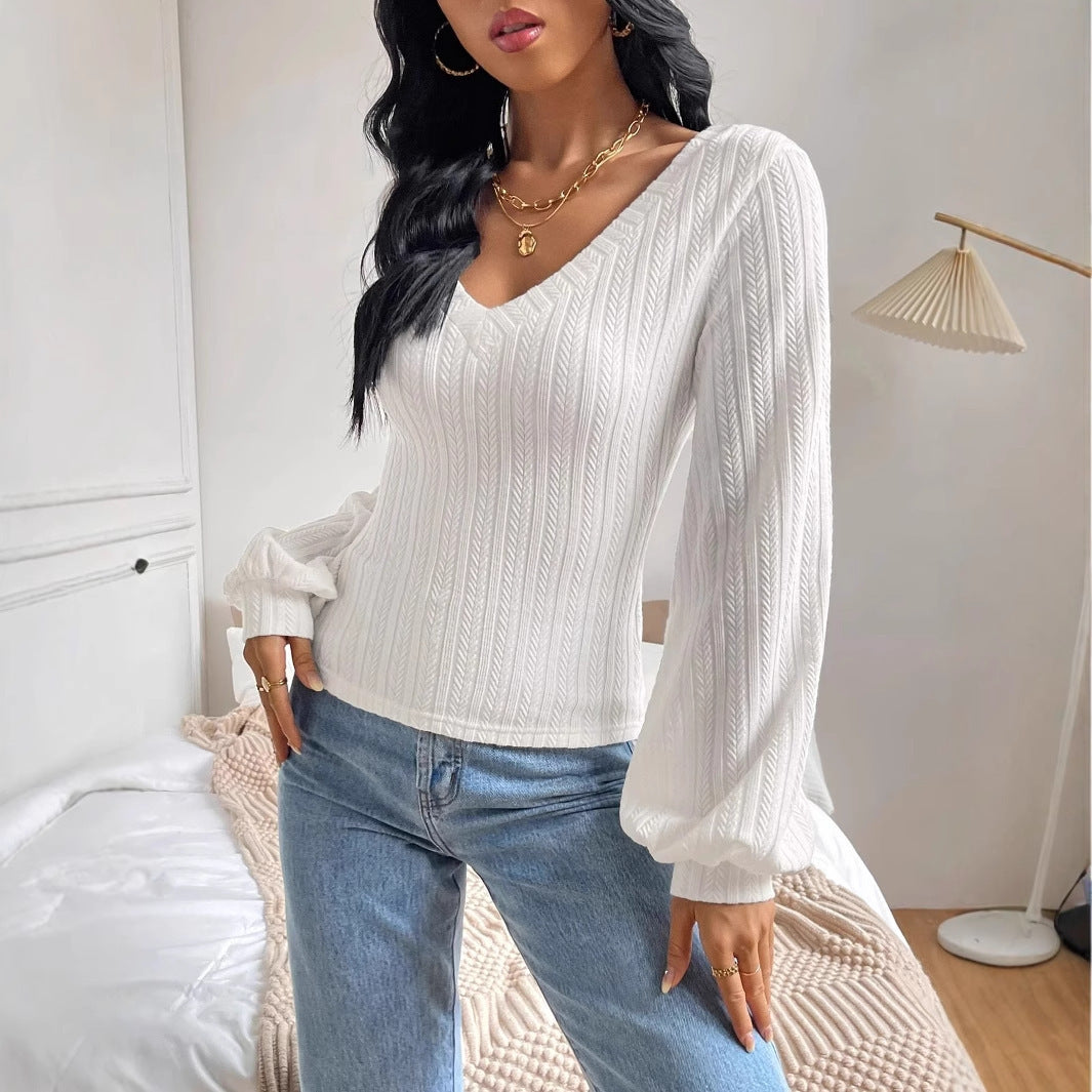 Women's Spring And Autumn Solid Color Bishop Sleeve V-neck Long Sleeve T-shirt