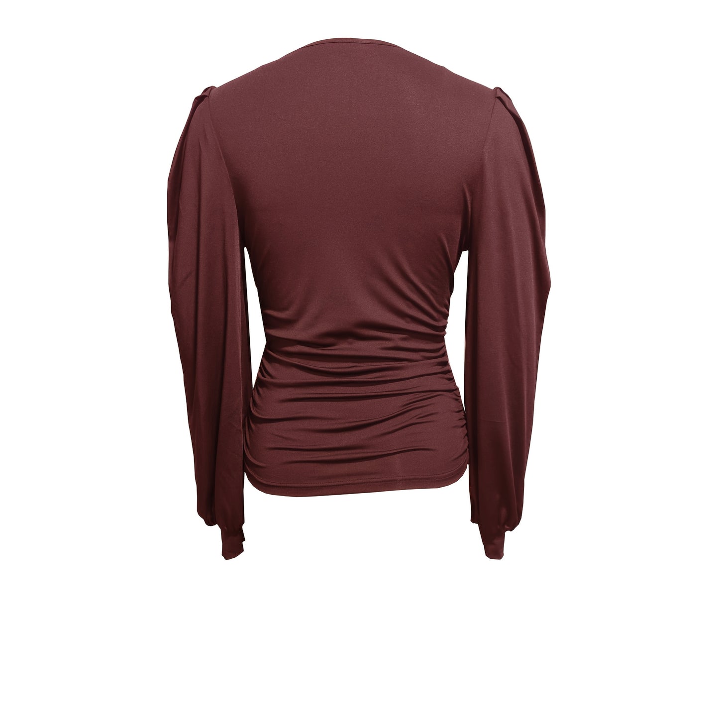 Ladies' Casual Solid Color Pleated V-neck Long Sleeved T-shirt