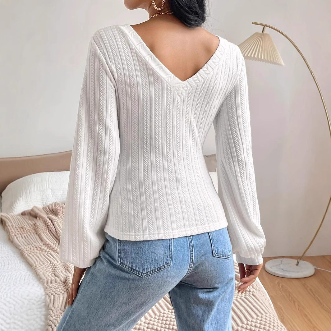 Women's Spring And Autumn Solid Color Bishop Sleeve V-neck Long Sleeve T-shirt