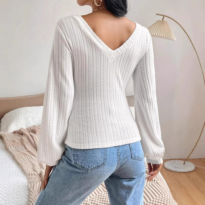 Women's Spring And Autumn Solid Color Bishop Sleeve V-neck Long Sleeve T-shirt