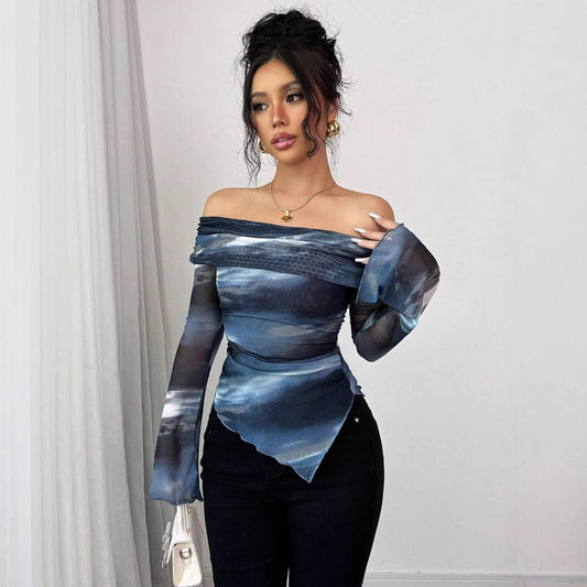 Knitted Mesh Printed Off-shoulder Collar Long Sleeved Fitted T-shirt