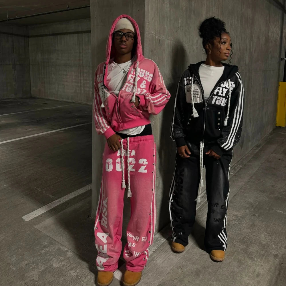 Streetwear Harajuku Retro Sportswear Two Piece Hip Hop Rock Patch Print Loose Hoodie Men Women Sweatshirt Punk Casual Sweatpants