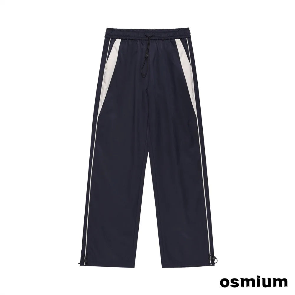 American Style Streetwear Casual Sportswear Trousers Men Loose Color-blocked Pockets Elastic Waist Straight Wide Leg Pants