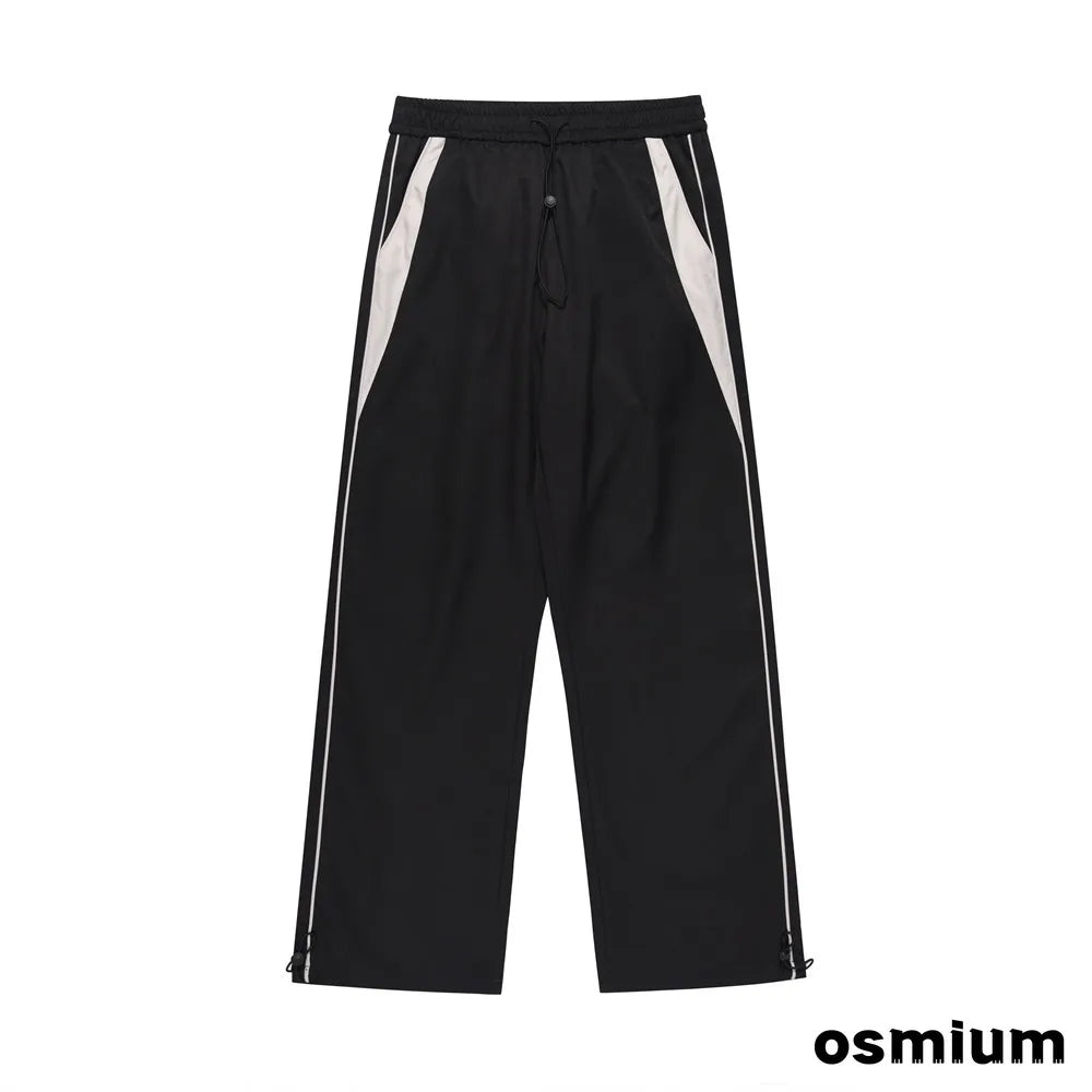 American Style Streetwear Casual Sportswear Trousers Men Loose Color-blocked Pockets Elastic Waist Straight Wide Leg Pants