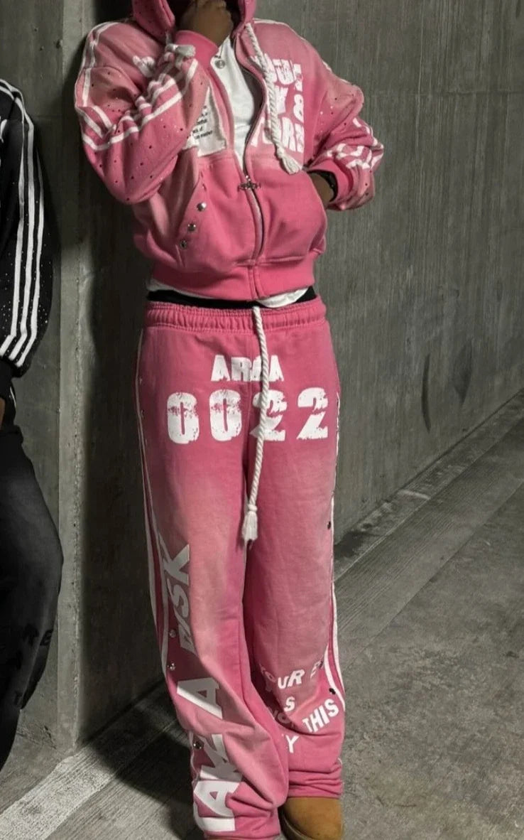 Streetwear Harajuku Retro Sportswear Two Piece Hip Hop Rock Patch Print Loose Hoodie Men Women Sweatshirt Punk Casual Sweatpants