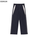 American Style Streetwear Casual Sportswear Trousers Men Loose Color-blocked Pockets Elastic Waist Straight Wide Leg Pants