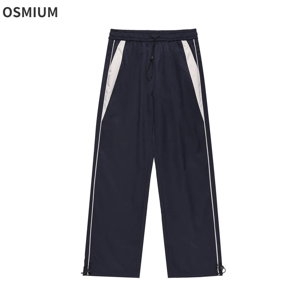 American Style Streetwear Casual Sportswear Trousers Men Loose Color-blocked Pockets Elastic Waist Straight Wide Leg Pants