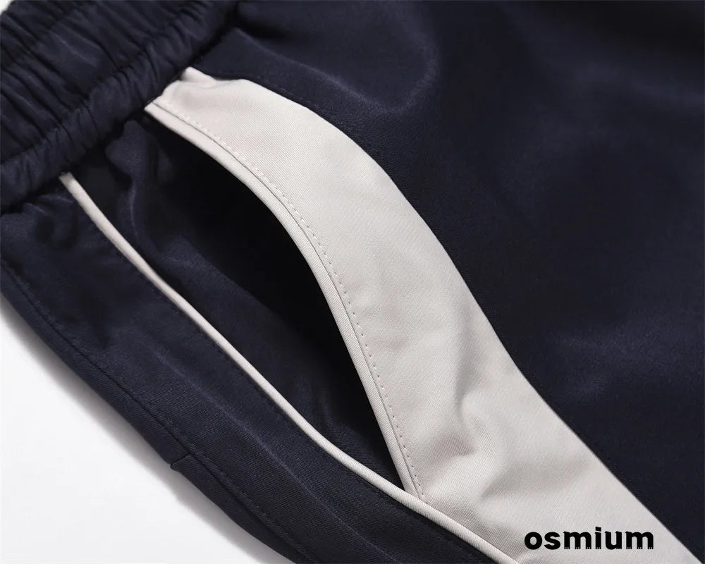 American Style Streetwear Casual Sportswear Trousers Men Loose Color-blocked Pockets Elastic Waist Straight Wide Leg Pants