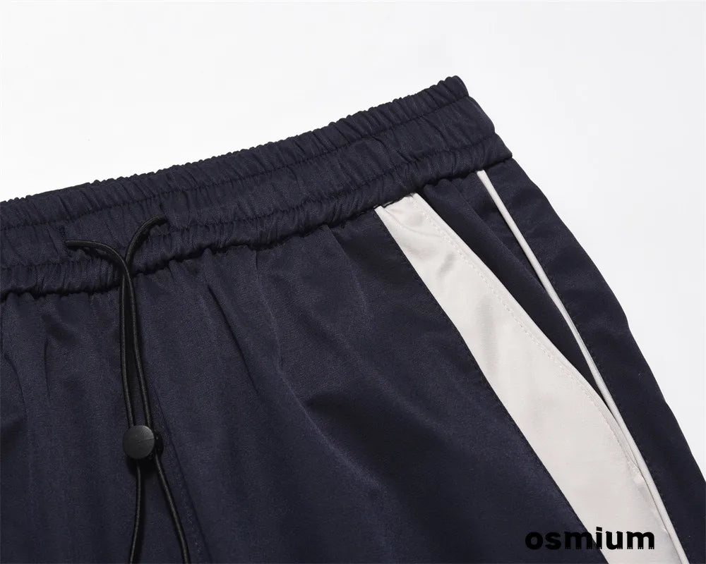 American Style Streetwear Casual Sportswear Trousers Men Loose Color-blocked Pockets Elastic Waist Straight Wide Leg Pants
