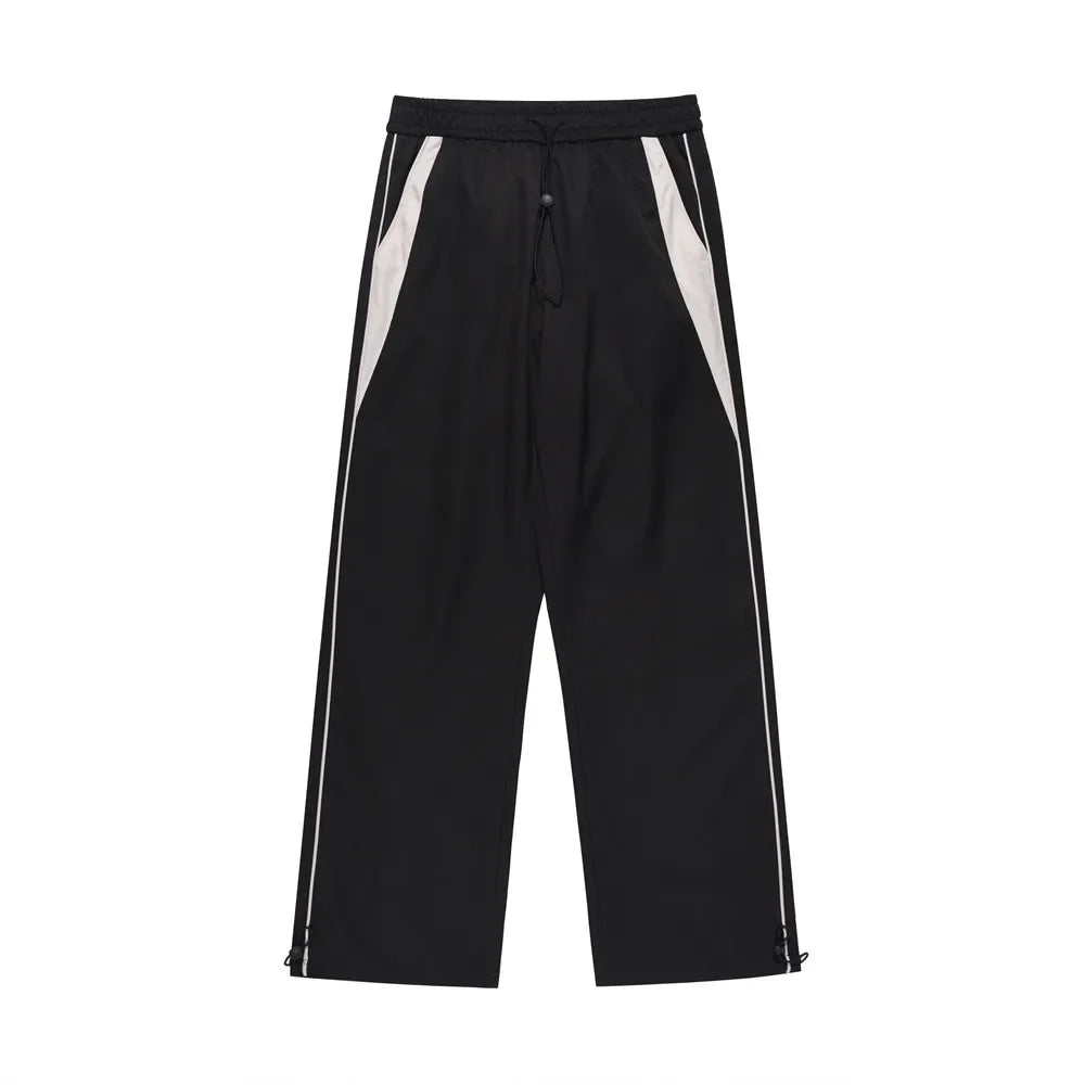 American Style Streetwear Casual Sportswear Trousers Men Loose Color-blocked Pockets Elastic Waist Straight Wide Leg Pants