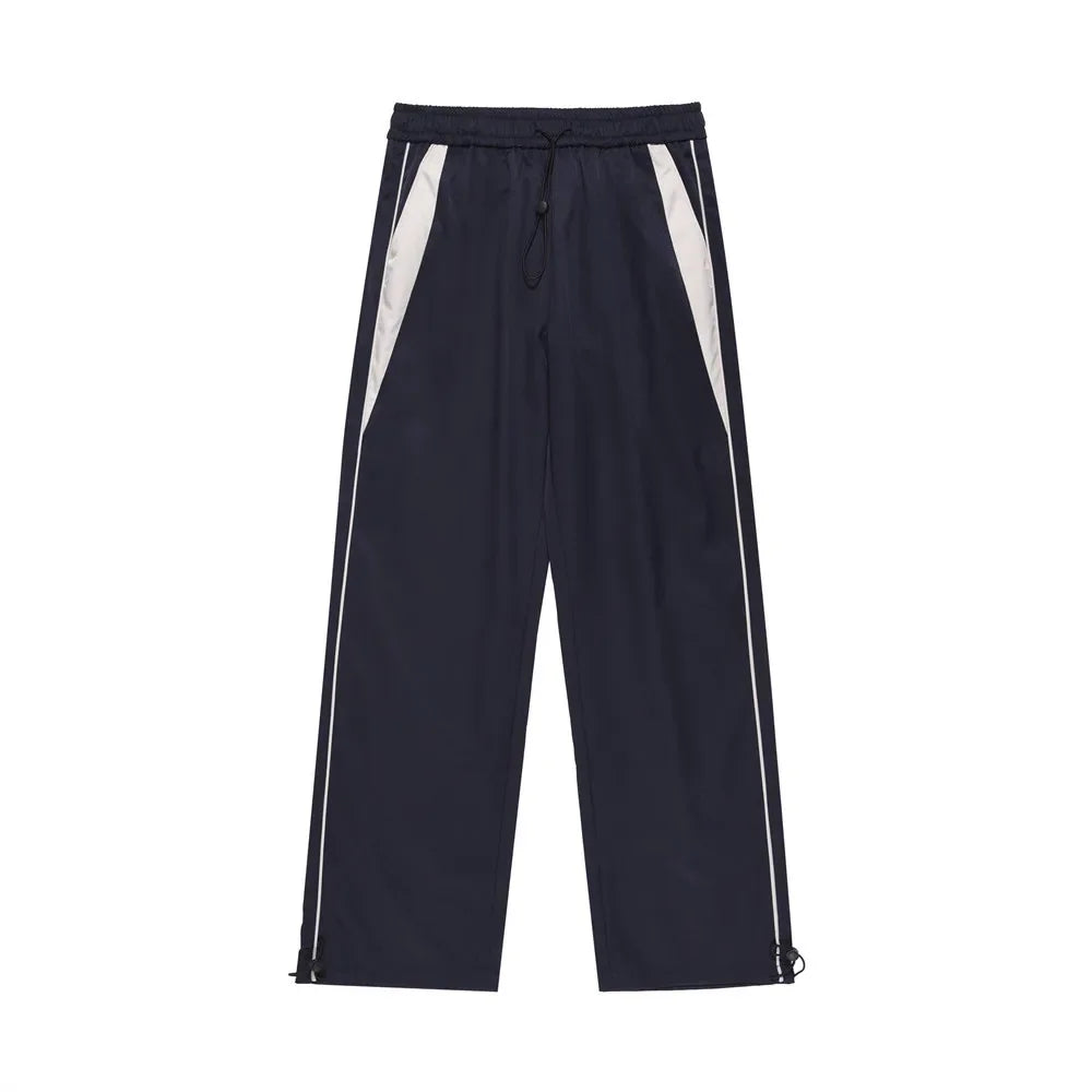 American Style Streetwear Casual Sportswear Trousers Men Loose Color-blocked Pockets Elastic Waist Straight Wide Leg Pants