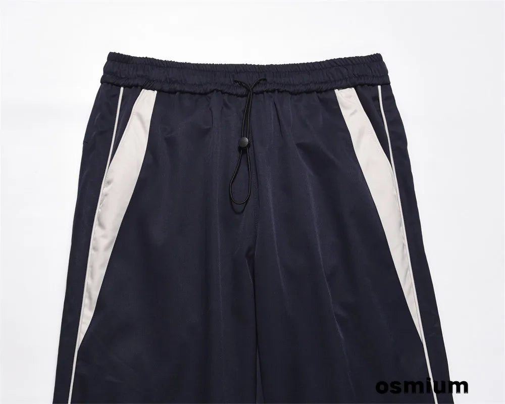 American Style Streetwear Casual Sportswear Trousers Men Loose Color-blocked Pockets Elastic Waist Straight Wide Leg Pants