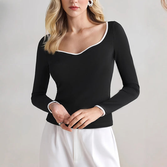 Women's Slim-fit Elegant Color-matching Long-sleeved Casual T-shirt