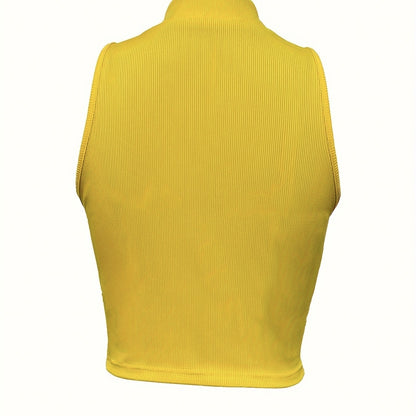 Women's Solid Color Ribbed Knit Short Zipper Design Off Shoulder Stand Up Collar Vest Top